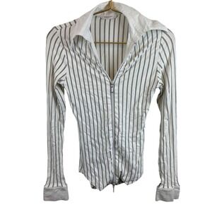 Rayure Paris Womens Pinstripe Zip Up Long Sleeve Top White Black France Sz S?